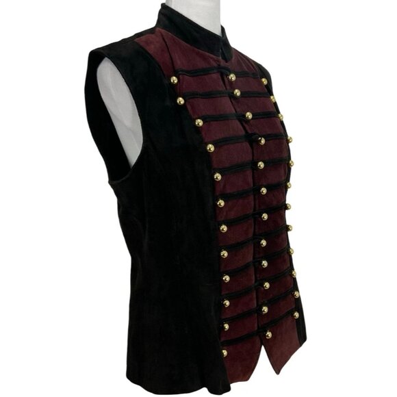 Vintage Caché Burgundy Black Suede Military Vest Band Brass Button Sz 10 Leather - Picture 4 of 9